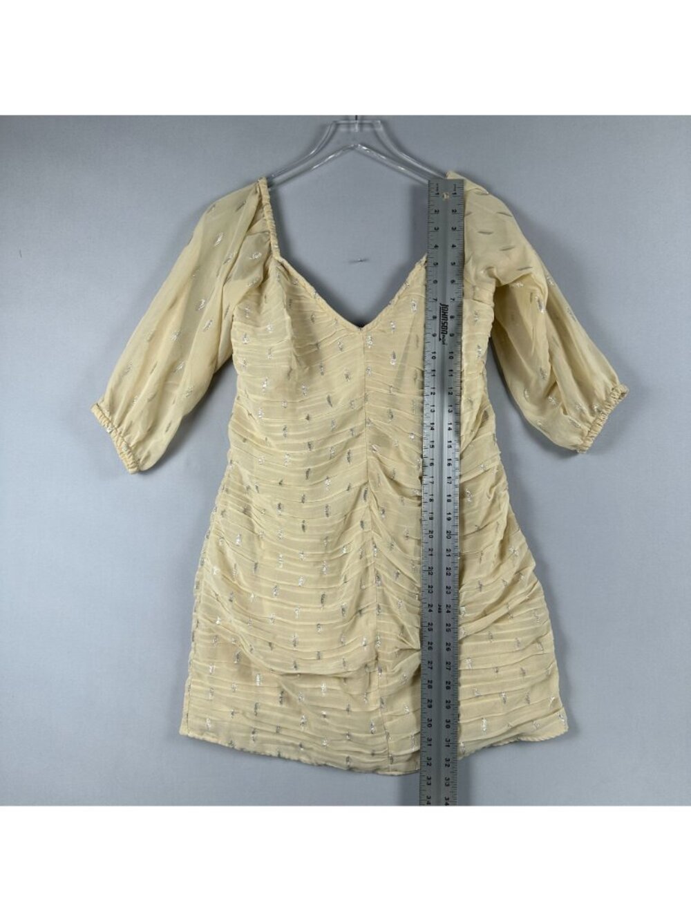 H&M Mini Dress Size Large Beige Ruched Metallic Chiffon V Neck Puff Sleeves - Picture 10 of 14